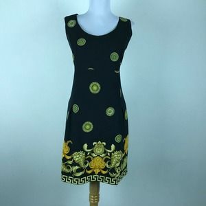 Vintage 80s Mesmerize Gold Dress Size M/L Black Gold Sheath Sleeveless Womens